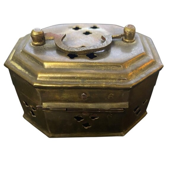Vintage Brass Cricket Trinket Storage Box Potpourri Incense Hinged Lid  w/Handle - Picture 6 of 7